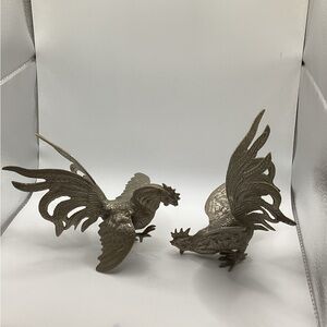 Mid 20th Century Silverplated Bronze Pair Fighting Roosters Figurines